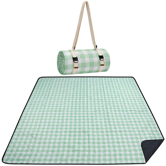 WILLOW WEAVE Picnic Blanket, 80''x80'' Waterproof Outdoor Blankets, Picnic Mat Washable for Beach, Picnic Blankets for Camping on Grass with Shoulder Strap - Green & White
