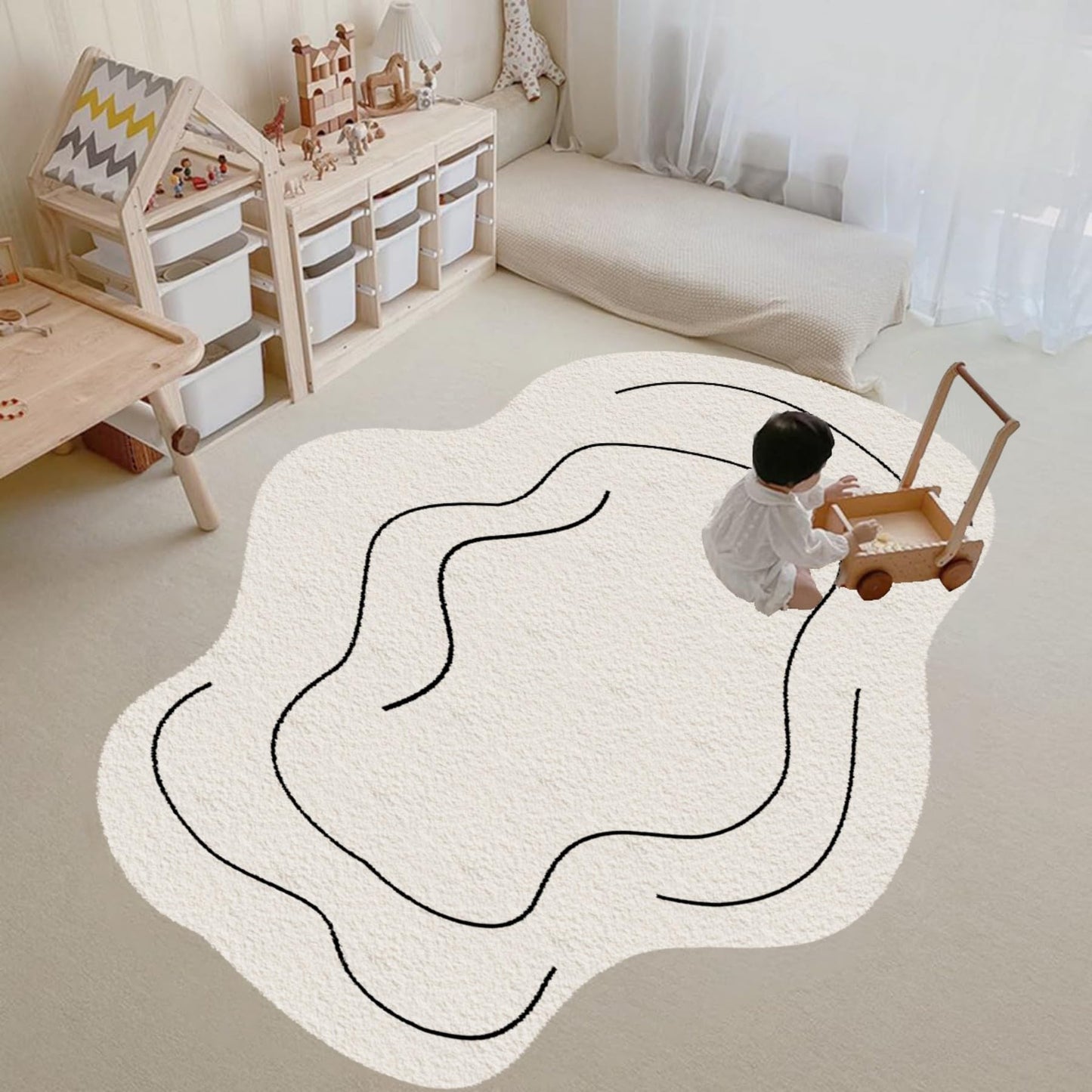 ZLXMN Washable Off-White Irregular Rug 3x4ft Indoor Soft Thin Plush Abstract Shaped Rug Unique Designer Simple Anti-Slip Carpet Suitable for Living Room Bedroom Lounge Area Home Decor