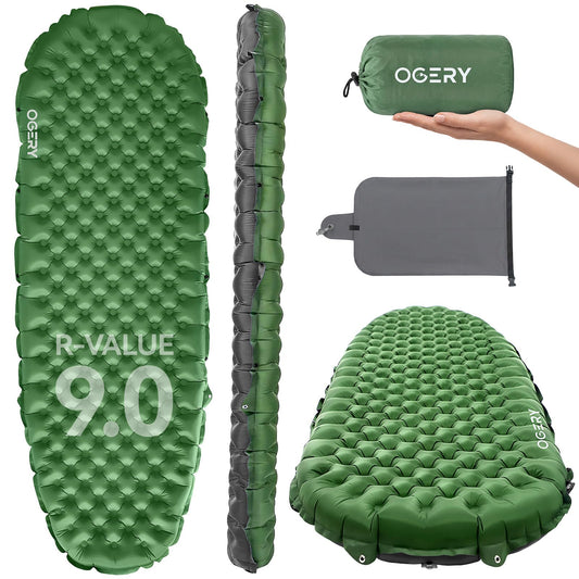 OGERY Sleeping Pad for Camping, R-Value 9.0 Insulated 4 Season Sleeping Mat, 4.7" Thick Ultralight Inflatable Camping Air Mattress with Pump Bag, Compact for Cold Weather