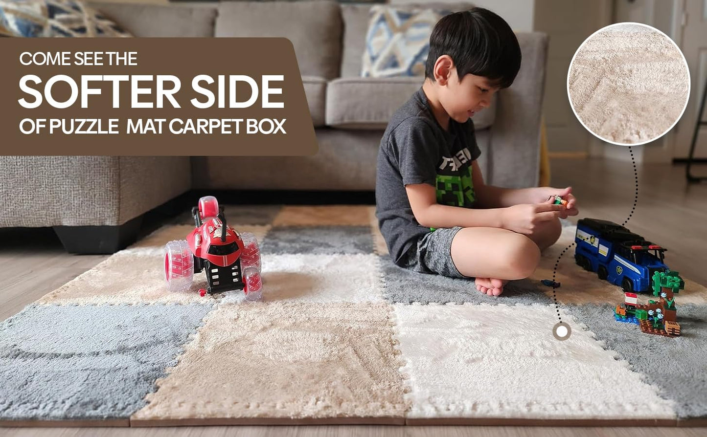 16 Piece Carpet Squares Puzzle Mat 49" x 49" Plush Interlocking Carpet Tiles, Foam Floor Tiles Play Mat - Kids Soft Play Mats Anti Slip Jigsaw Flooring Playmat Playroom Rug (Brown,Gray,White)