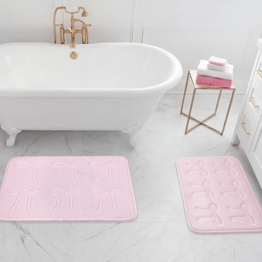 Juicy Couture Quilted 2-Piece Memory Foam Bath Mat Set 17" x 24" / 20" x 32" Clara Bows Light Pink Skid-Resistant Bath Rug Set