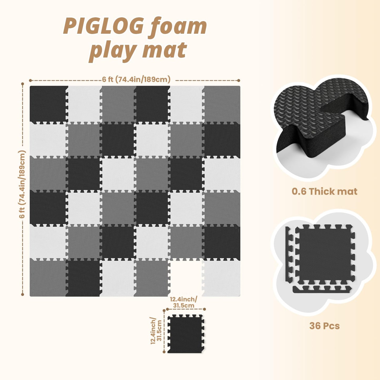 36Pcs Baby Play Mat for Floor, Foam Floor Tiles for Kids with Interlocking, Squares Foam Puzzle Carpet for Playroom,Crawling Rug for Babies 6-12 Months,Toddlers,11.8*11.8*0.6In Each (Gray-black-white)
