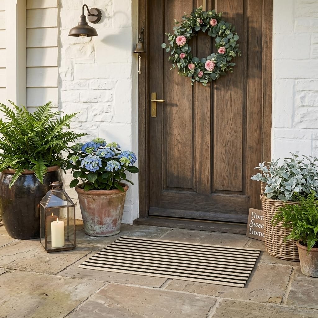 LEEVAN Outdoor Door Mat 2'x3' Washable Welcome Mat Woven Black and White Entryway Rug Farmhouse Front Porch Decor Outside Entrance Striped Outdoor Floor Mats