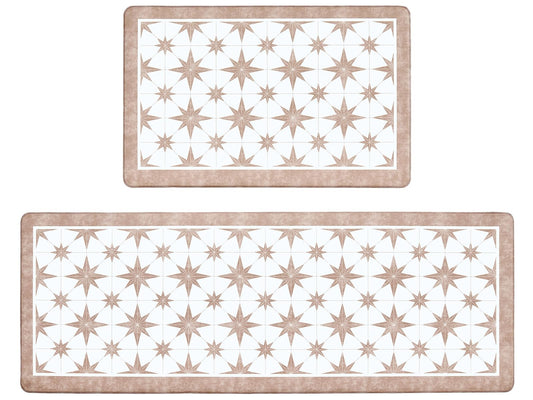 OnesCosy Anti Fatigue Kitchen Mat Set of 2, Beige Kitchen Floor Mat, Cushioned Kitchen Rug, Non Slip Comfort Standing Mat for Floor, Tan Star Tile, 17.3"x27.6"+17.3" x47.2