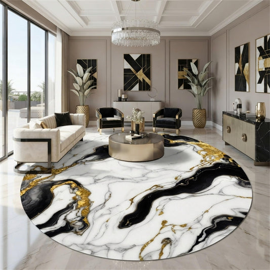 Round Area Rug 5ft Modern Abstract Marble Texture Indoor Rugs for Livingroom Bedroom Lux Black Cream Gold Circle Rug Machine Washable Non Skid Thin Soft Large Carpet Nursery Dorm Kitchen Floor Mats