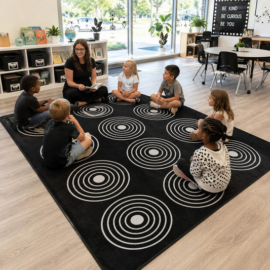Kids Rug, Classroom Carpets Playmat Rugs - 5x7 Ft Kids Carpet with Rubber Backing, Circle Bullseye Abstract Children's Seating Rug Play Mat Nursery Rugs for Children Bedroom Playroom Elementary, Black
