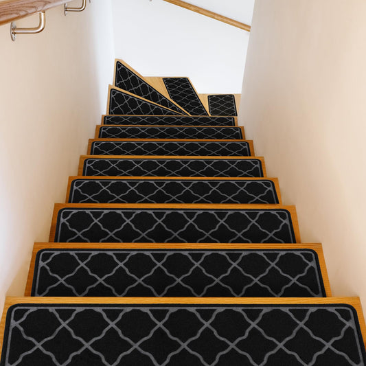 Stair Treads Non-Slip Carpet Indoor, 15 Packs 30X8in Stair Carpet Runners for Wooden Steps with Reusable Adhesive for Kids Elders, and Dogs, 100% Polyester Surface TPR Backing Stair Rugs, Black