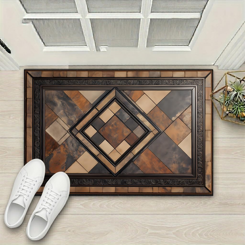 Vintage Geometric Faux Cashmere Non-Slip Rug, 15.7 x 23.6 Inches, Brown Patchwork Accent Mat for Entryway, Bedroom, Bedside, Kitchen and Bathroom Dry Area (Brown)