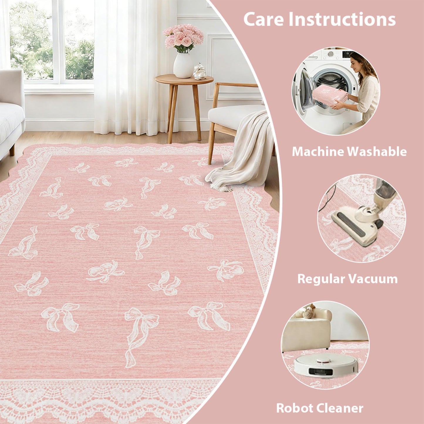 ORTIGIA 5x7 Scalloped Area Rug for Living Room, Pink Washable Low Pile Non Slip Rug with Bow Large Carpet for Girl Nursery Bedroom Playroom Dining Room Home Indoor Decor