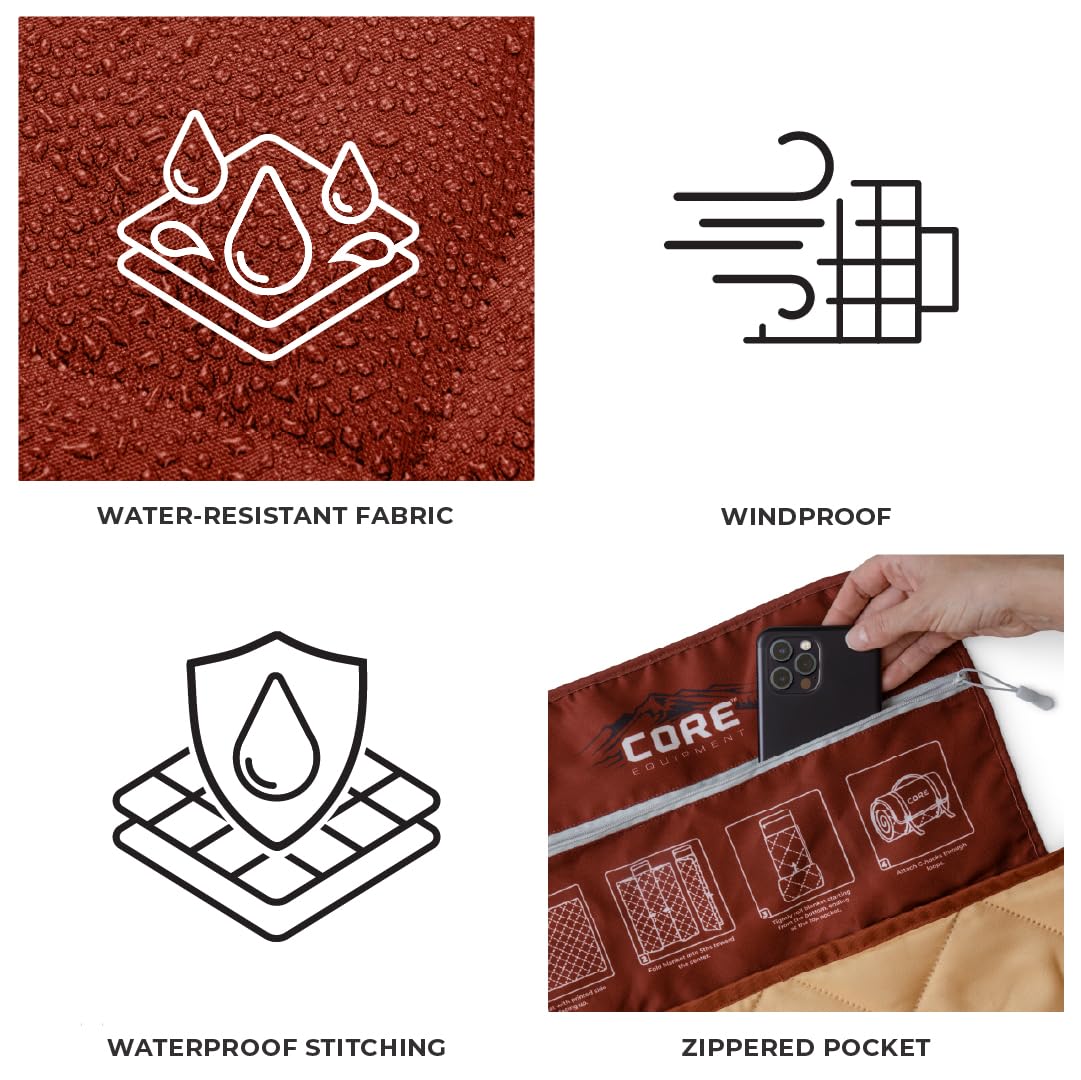 CORE Outdoor Weighted Blanket | Packable Waterproof Picnic Blanket, Beach Mat, Tent Camping Rug, & Stadium Blanket | Large Portable 94" x 78" Quilt Design with Built-in Straps and Carry Handle