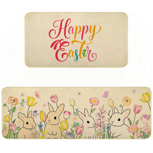 Easter Kitchen Rugs Set of 2,Cute Bunny Spring Floral Kitchen Mats for Floor,Non Slip Absorbent Rubber Bathroom Rugs Easter Door Mat Spring Holiday Indoor Home Bath Mat Dining Room Decorations