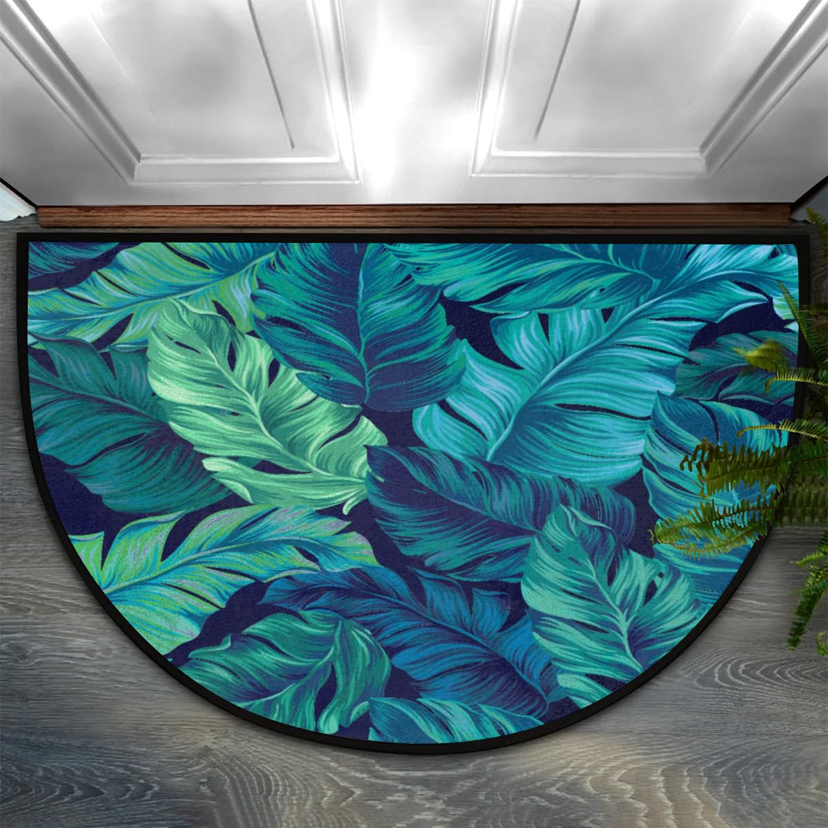 Tropical Palm Leaf Half Round Door Mat - Non-Slip Washable Half Circle Area Rug,Plant Jungle Half Moon Rugs for Outdoor and Indoor Home Entrance, Bedroom, Living Room Semi Circle Doormat 36*24in