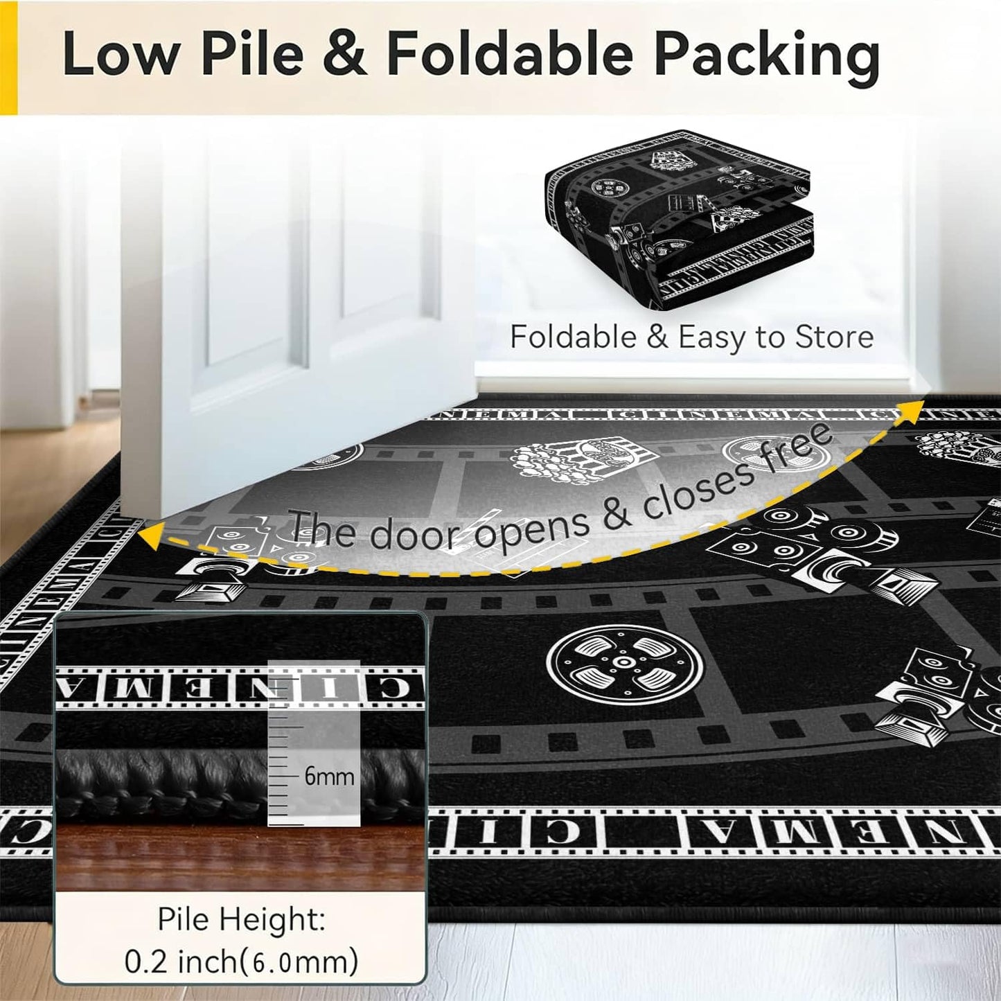 LGGLOVELIN Movie Night Theme Area Rug, 9x12ft, Black White Clapboard Projector Soft Washable Non-Slip Carpet for Home Theater Living Room