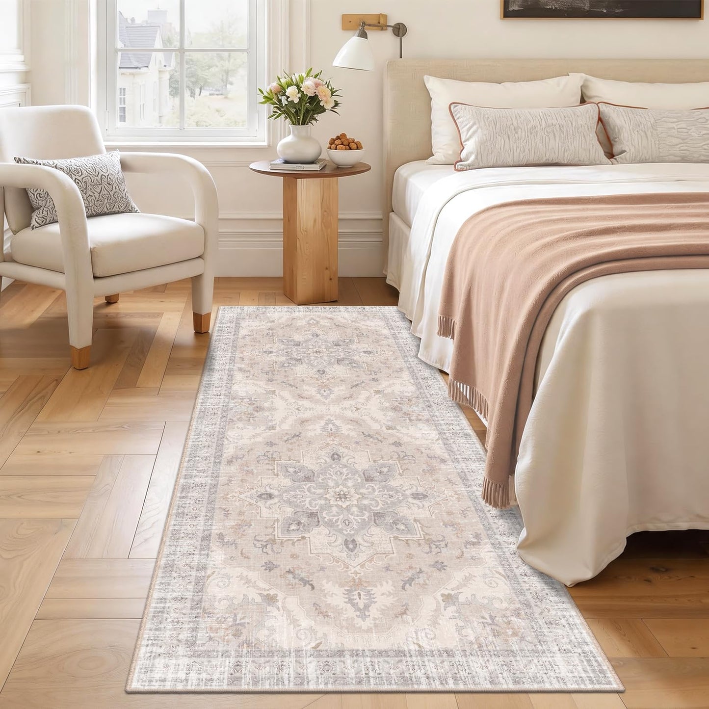 TTelephant 2x6 Runner Rug, Soft Non-Slip Vintage Medallion Rug, Low-Pile Bedroom Runner Rug Indoor Runners for Girls Room, Kids Room, Bedroom Bedside -Light Blush/Cream