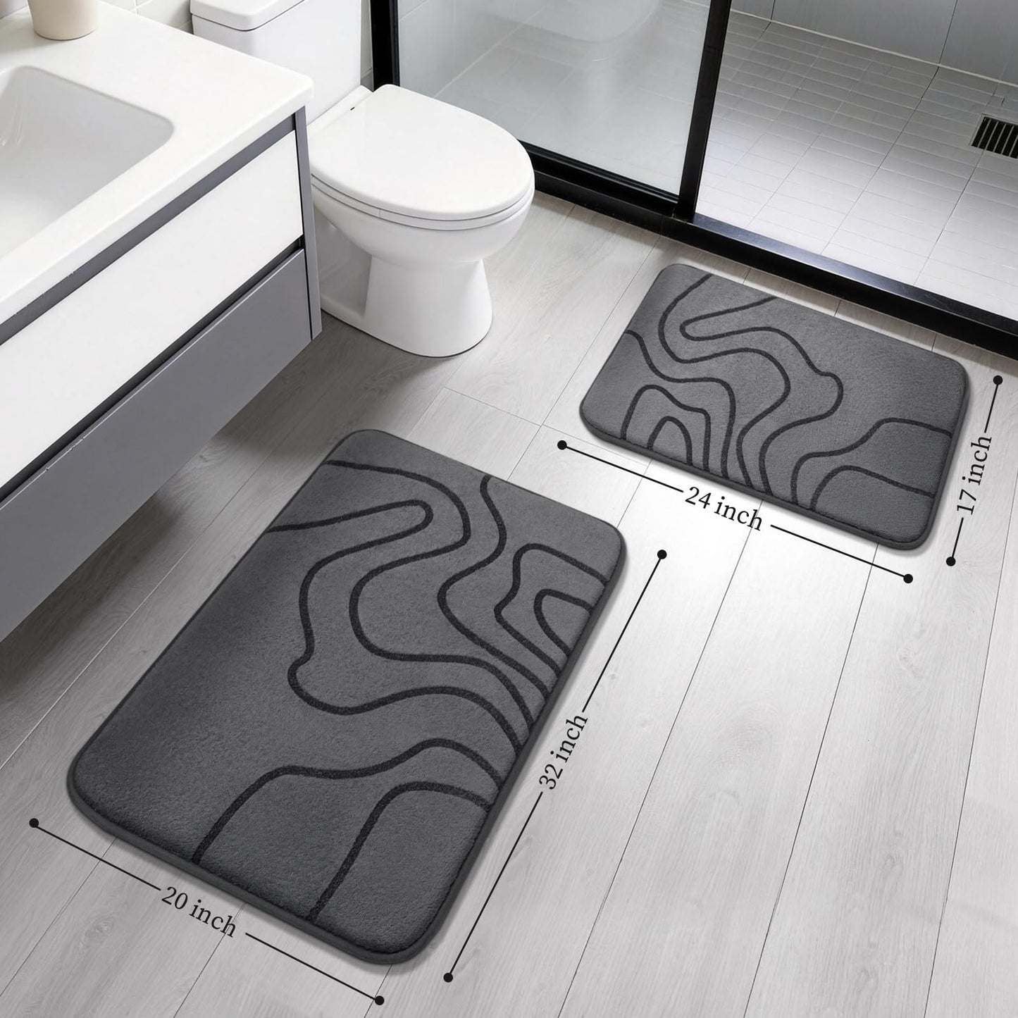 YIHOUSE Memory Foam Bathroom Rugs Sets 2 Piece - Extra Thick Ultra Soft Absorbent Bath Mat Set, Non-Slip Machine Washable Bath Rugs for Bathroom, Tub & Shower, Home Decor (32"x20"+24"x17", Dark Grey)