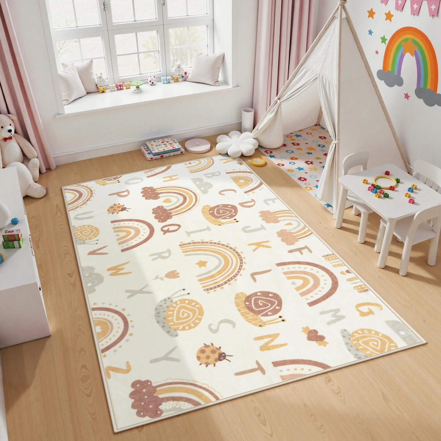 LIVEBOX Washable Kids Rug for Playroom, 3x5 Boho Rainbow Alphabet Rug for Kids Room, Non Slip Nursey Carpet Decor Rugs (Orange,3x5)
