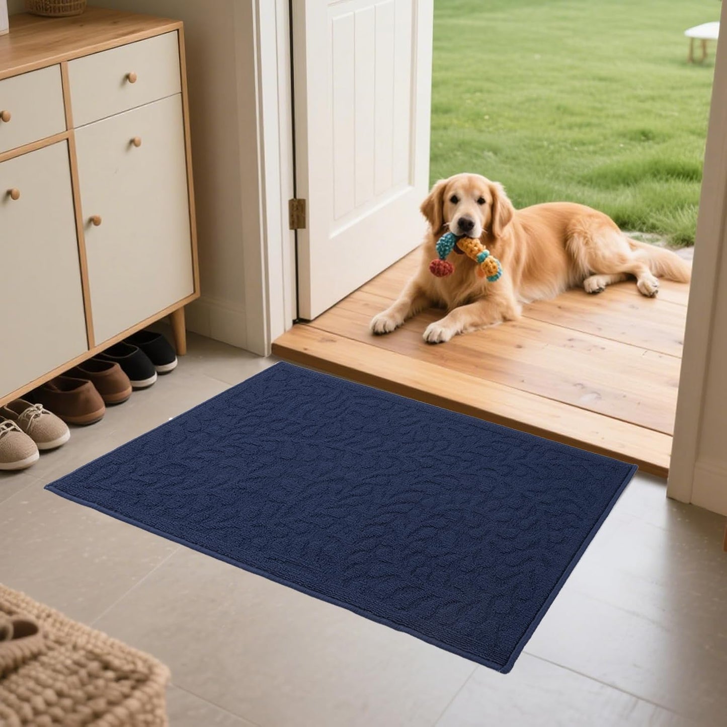 SHACOS Kitchen Rugs Sets of 3 Non Slip Polypropylene Low Pile Absorbent Resist Dirt Washable Kitchen Floor Mat 3 Piece for Entryway, Hallway, Front of Sink, Blue