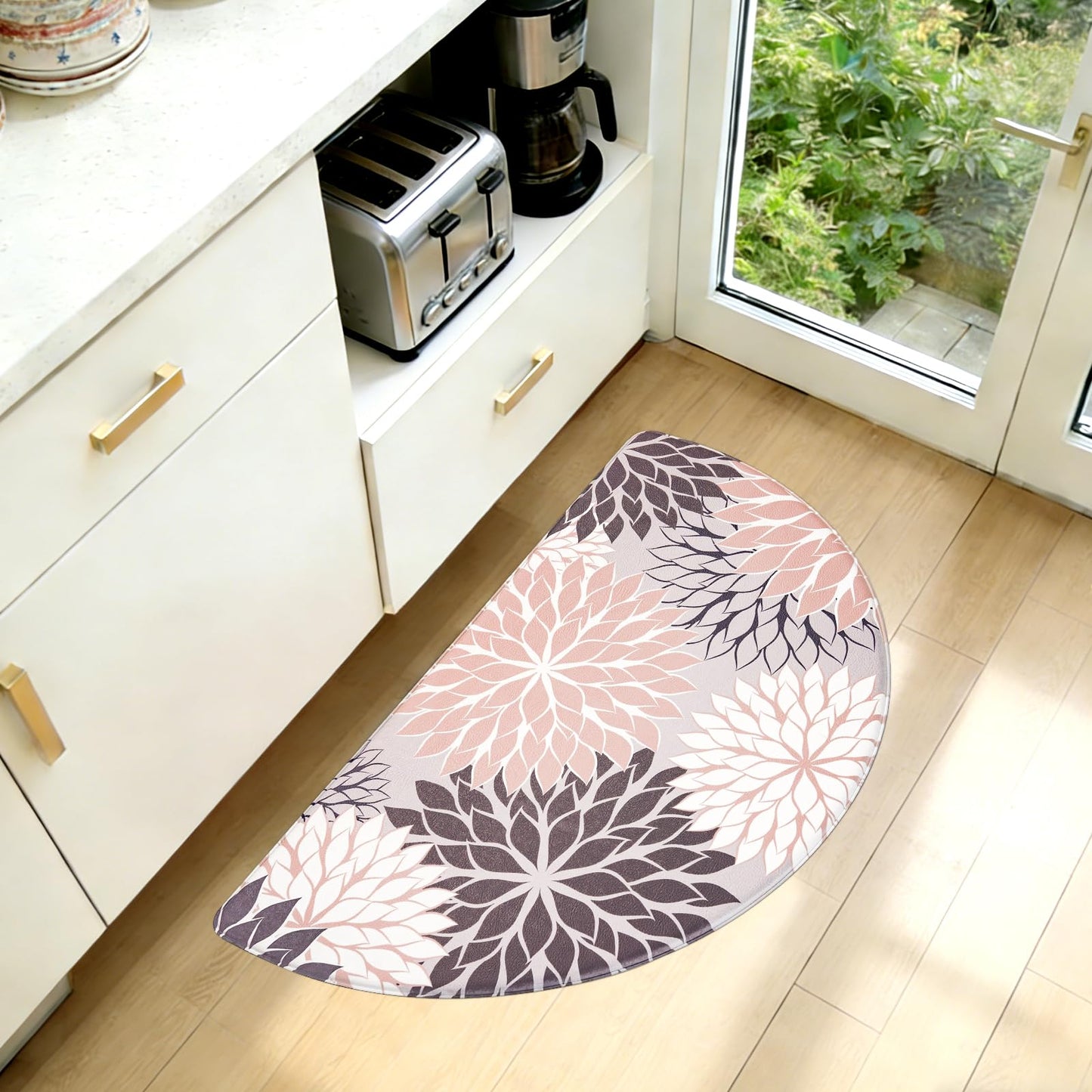 CHICNOOK Half Circle Kitchen Mat for Floor, Red Dahlia Floral Kitchen Rug