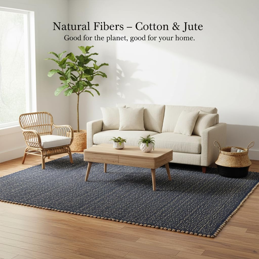 Navy 3x5 Jute Rug Braided Construction - Farmhouse Woven Carpet - Nautical Floor Covering for Bedroom Laundry Room, 3' x 5'