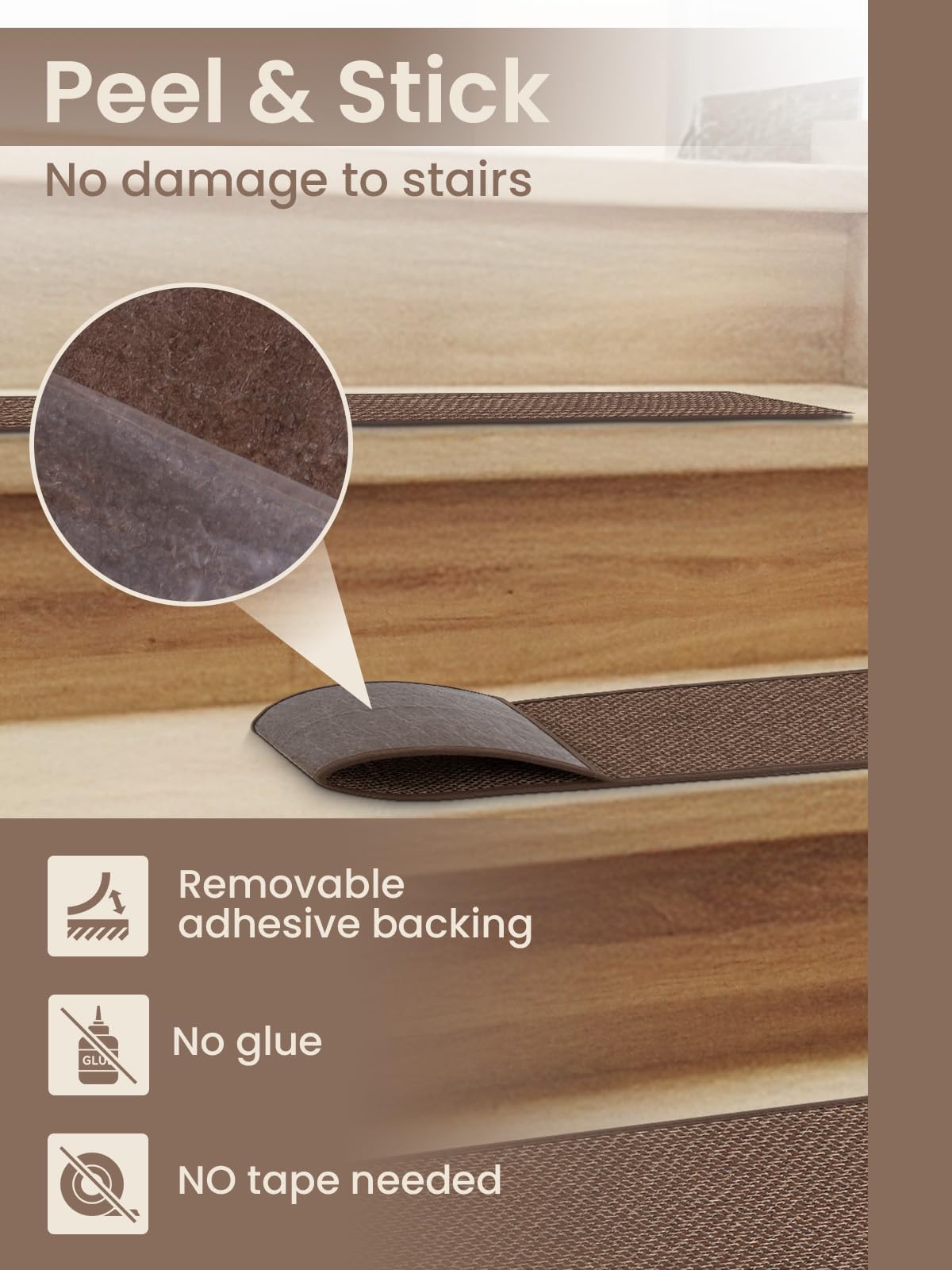 Stair Treads for Wooden Steps, Non-Slip Stair Runners Indoor,Carpet for Stairs with PET Anti-Slip Material for Kids, Elders & Pets, Machine Washable, Reusable(7PCS,30'x8',Brown)