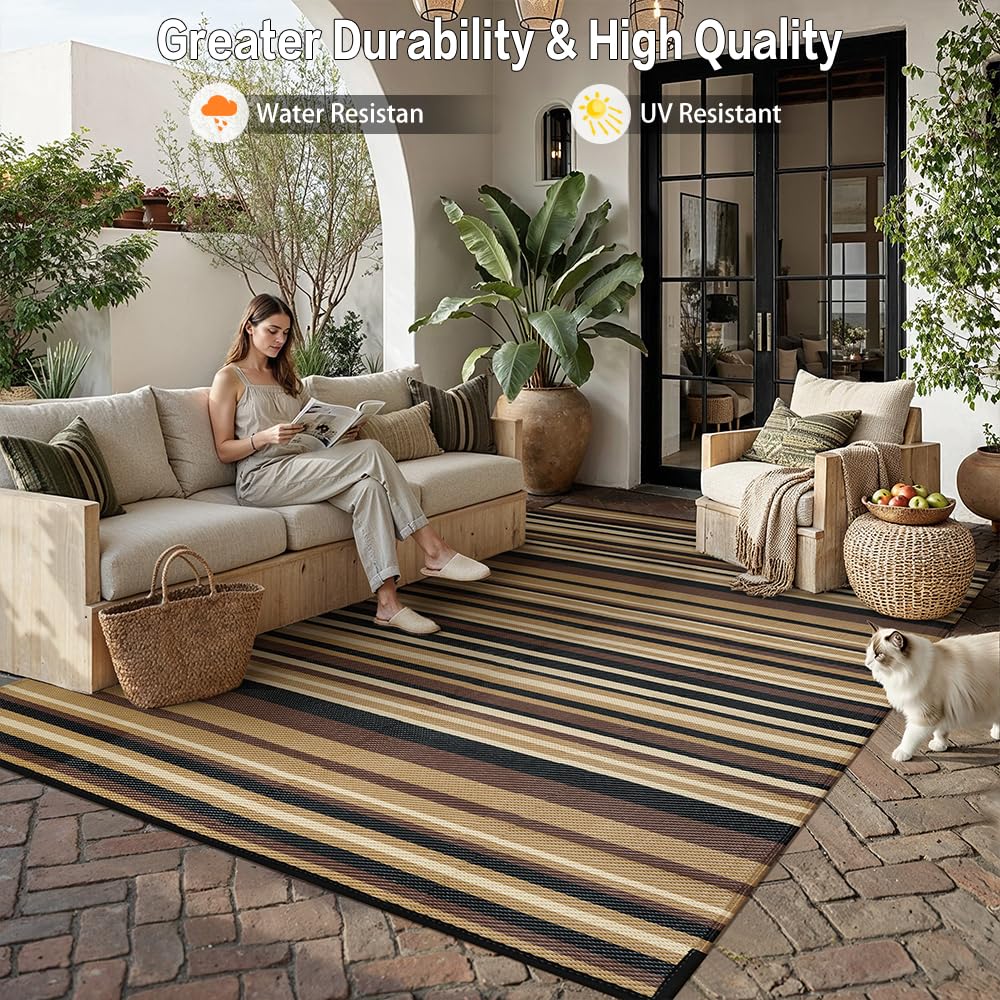 WondRg Outdoor Plastic Straw Rug Waterproof Patio 6x9 Brown Black Stripe Mat for Porch Camping RV Balcony Deck Courtyard Reversible Lightweight Durable Portable Carpet