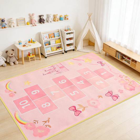 JinKune Area Rug Kids Rug 4'x 6', Hop and Count Hopscotch Rug for Kids, Pink Fantasy Castle Themed Non-Slip Washable Play Carpet, Educational Number Game Mat for Girl's Bedroom Playroom Classroom