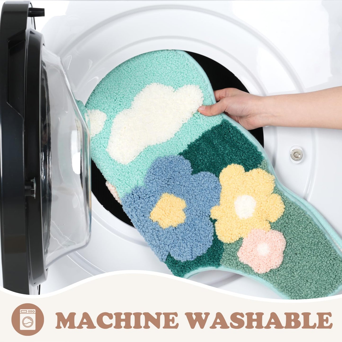 Tyrafry Flowers Toilet Rug U Shaped, Microfiber Bathroom Toilet Rugs Non Slip Bath Mat Toliet Rug Machine Washable Absorbent Bathroom Rugs 20 x 22 Inches, Small White Flowers