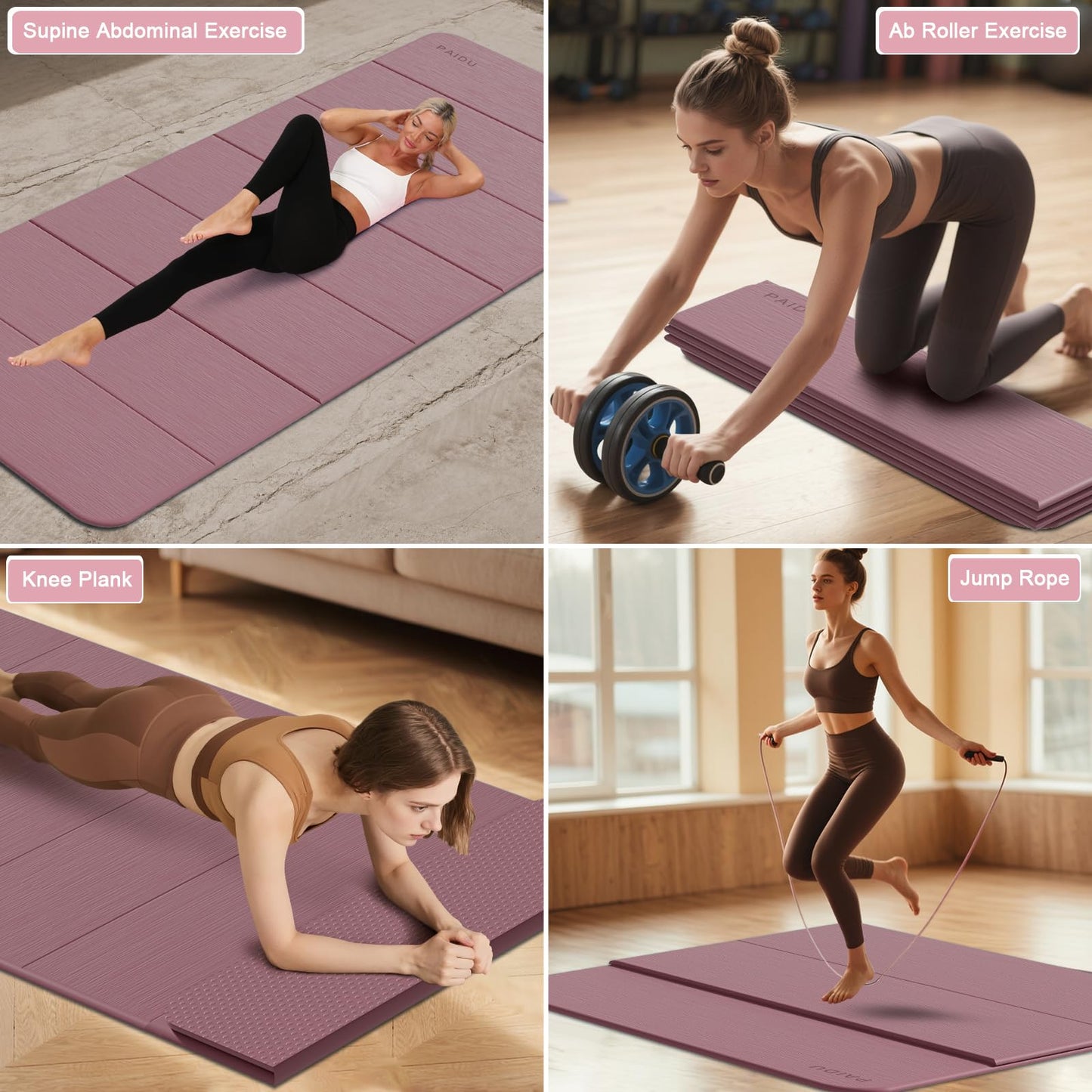 PAIDU Foldable Yoga Mat thick- 2/5" (10MM) TPE Non-Slip Design, Quick Fold，Easy Storage, 75x40 Extra Long/Wide for Indoor Yoga, Pilates and Outdoor Travel Workouts (Deep Pink)