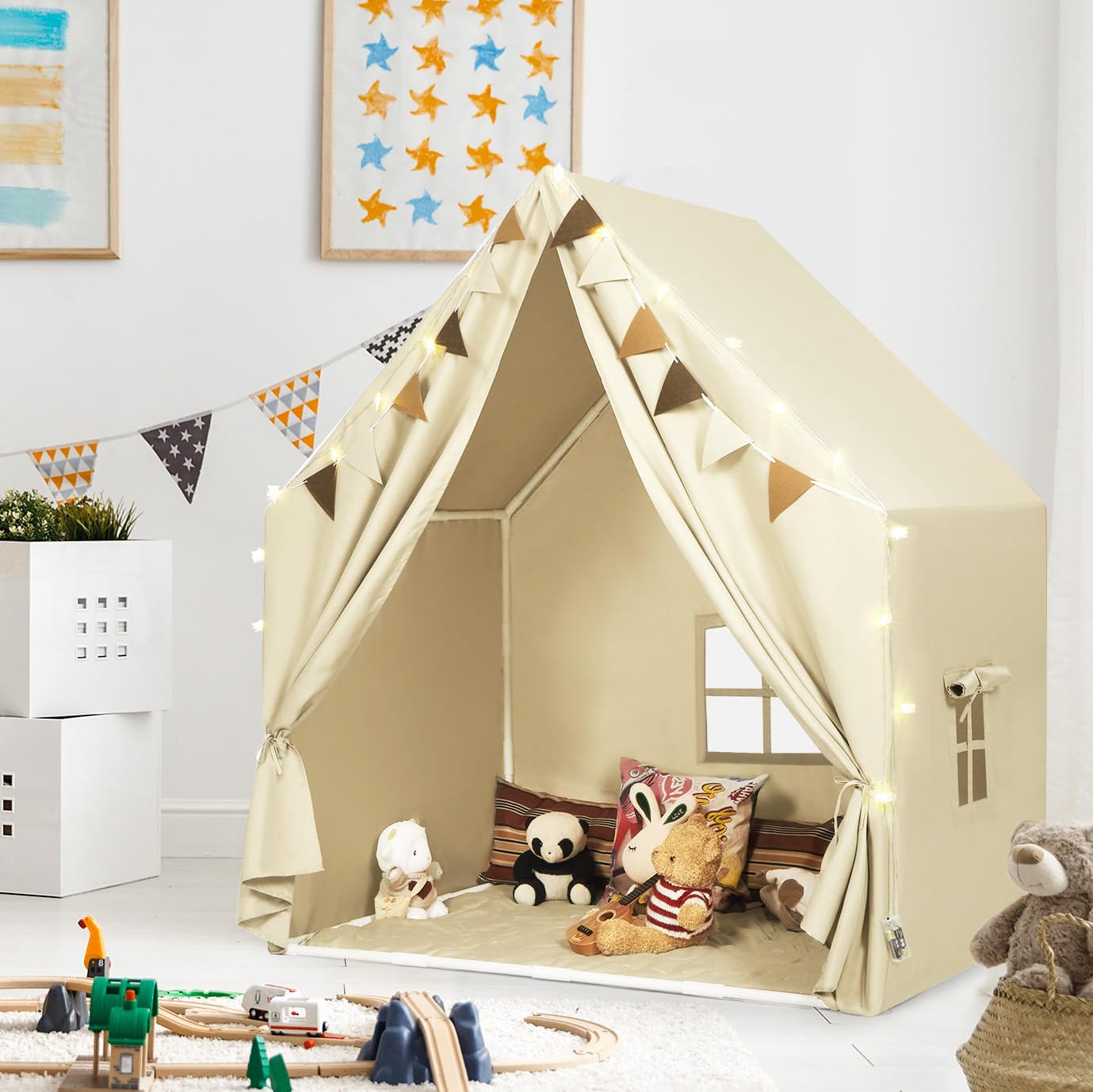 MORITECK Kids Play Tent with Padded Mat & Star LED Lights for Ages 4-8-10 Year Old Girls Boys, Large Cute Indoor Play Room House Tent for Toddler Children (Beige)
