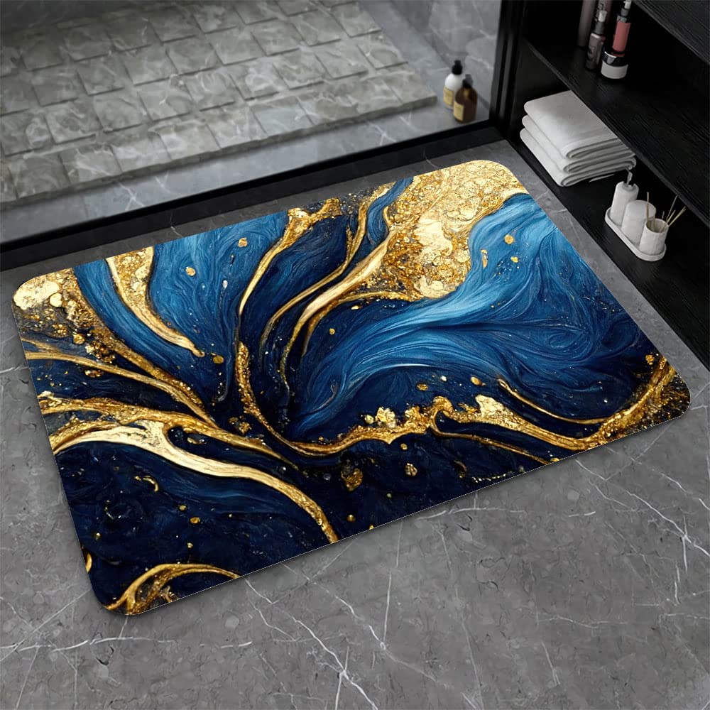 ZHUZHISHAN Diatomaceous Earth Bath Mat,Blue and Gold Marble Texture Non-Slip Volume Super Absorbent Fast Drying for Bathroom Kitchen Door mat,Eco-Friendly Easy to Clean 16×24Inch (40 * 60cm)