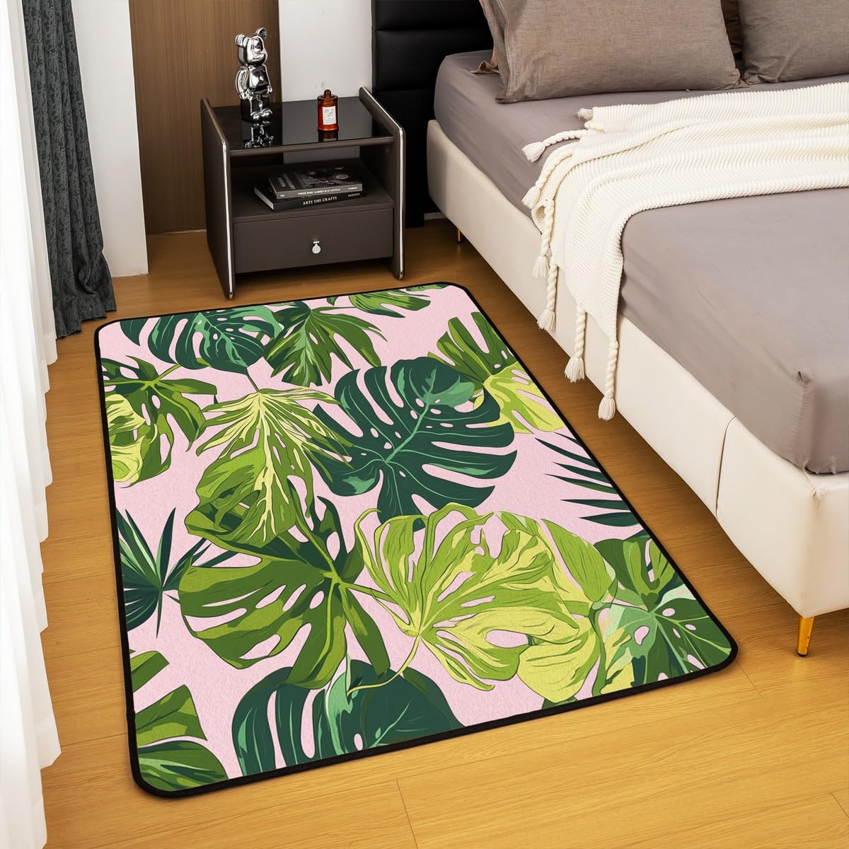 jejeloiu Palm Leaf Area Rug 4x5 Hawaiian Tropical Leaves Living Room Rugs Ultra Soft Machine Washable Pink Green Rugs for Living Room Bedroom Indoor Floor Mat
