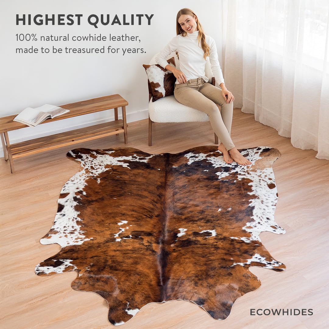 ecowhides 100% Genuine Brazilian Cowhide Rug - Tricolor Brindle Mix - Luxury Cowskin Leather Area Rug Décor 7 x 6 feet