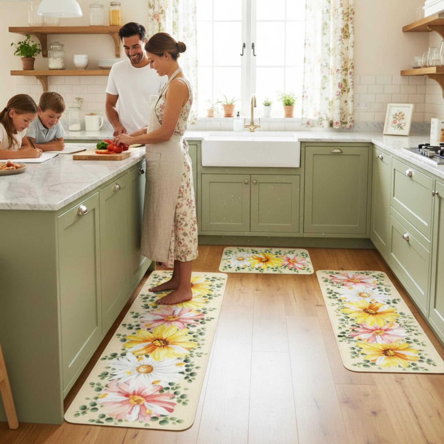 Bencailor 3 Pcs Spring Kitchen Rugs and Mats Set Daisy Non Slip Farmhouse Spring Cabin Mats for Floor Home Bathroom Decor