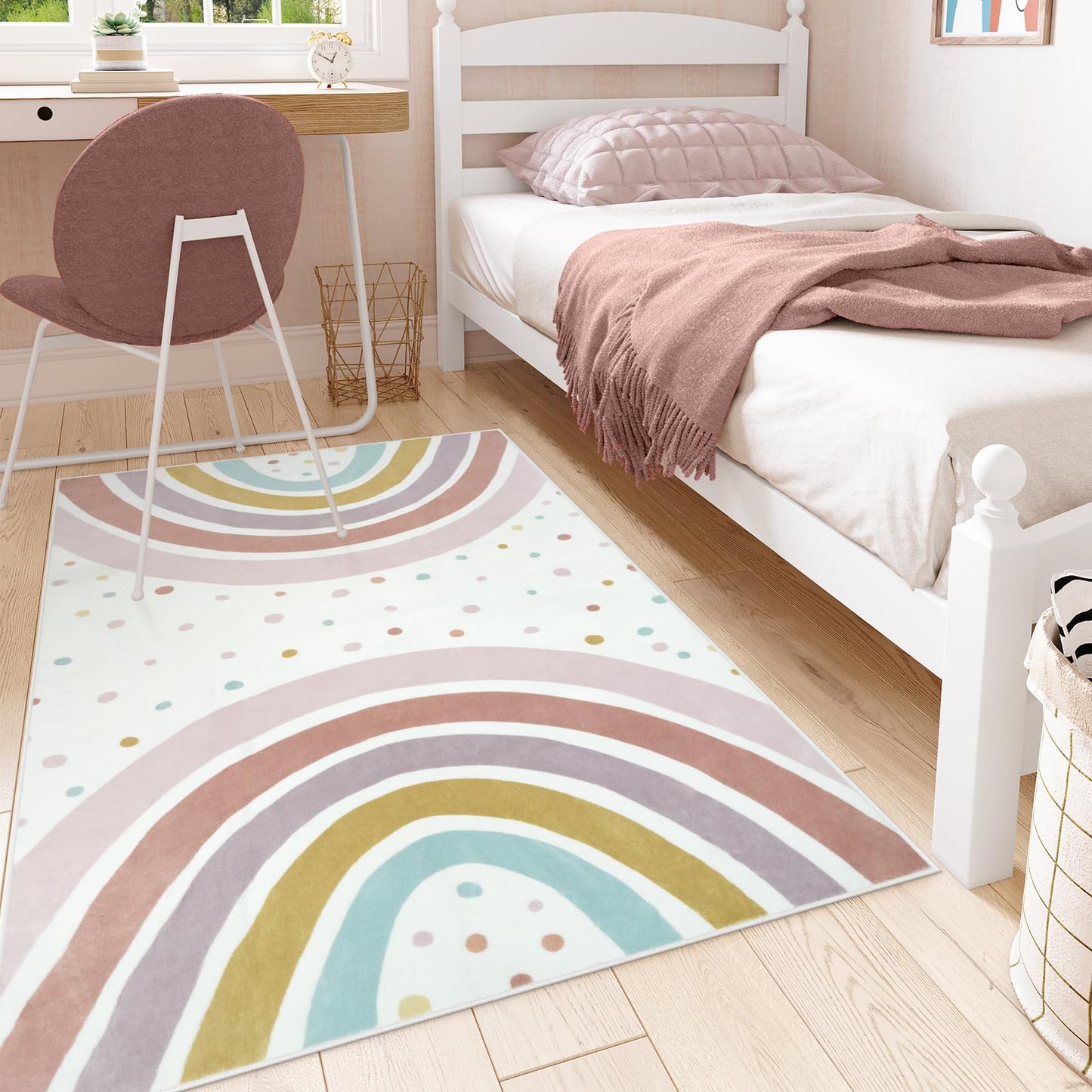 STARUIA Washable Rainbow Rug for Girls Bedroom, 3x5 Boho Classroom Rug Small Polka Dot Area Rugs for Kids Room, Soft Kids Carpet Non-Slip Nursery Rugs for Playroom Tent Baby Dorm