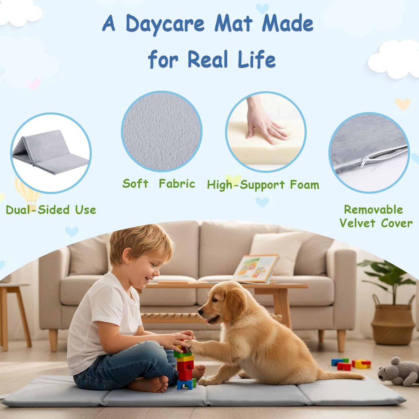 Tiita Kids Nap Mat, Foldable Play Mat, Sleeping Pad, Folding Kinder Mat Portable Bed for Daycare and Kindergarten, 1 Piece, Grey