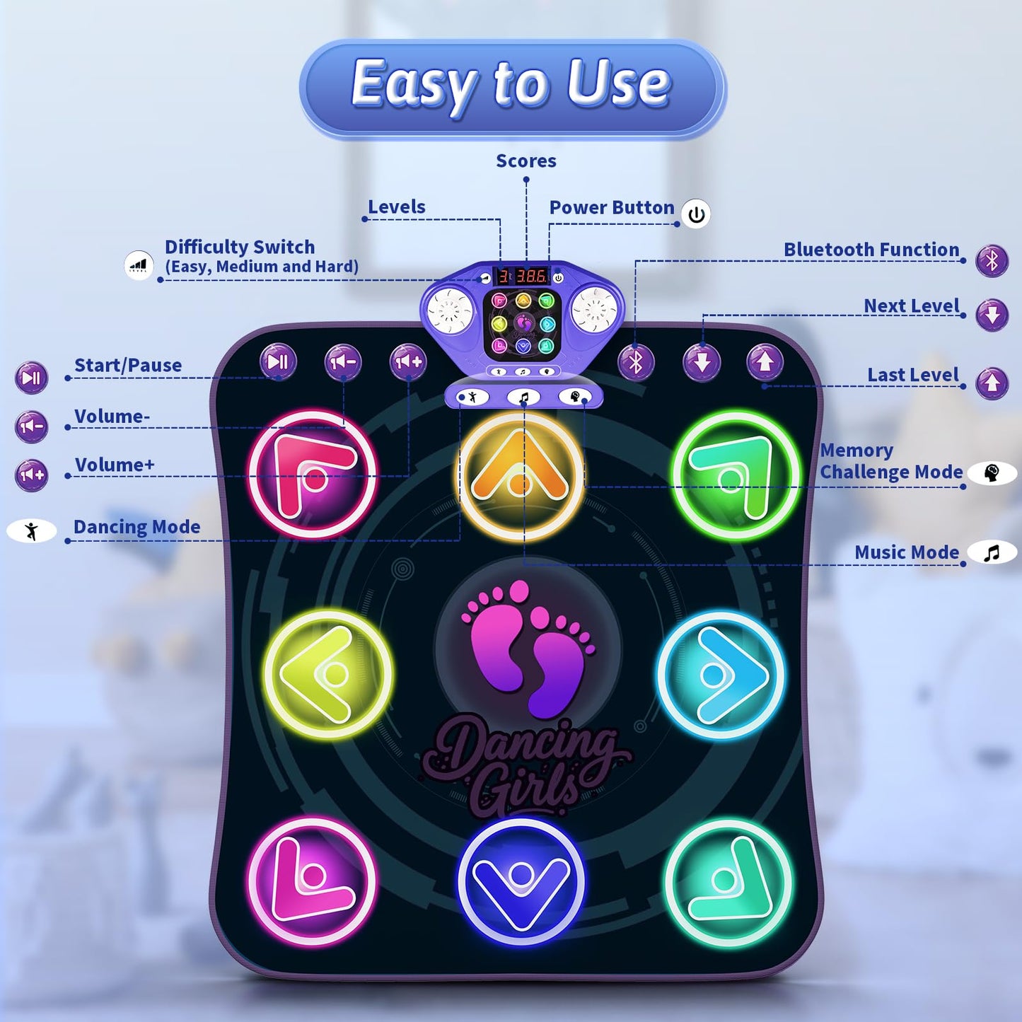 WAYKEE Dance Mat Toys for 3-12 Year Old Girls, Electronic Dance Pad with Light-up LED Wireless Bluetooth & 5 Game Modes, Christmas Birthday Toys Gifts for 3 4 5 6 7 8 9 10+ Year Old Girls