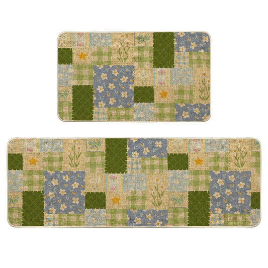 Artoid Mode Check Pattern Flowers Floral Spring Kitchen Mats Set of 2, Home Decor Low-Profile Kitchen Rugs for Floor - 17x29 and 17x47 Inch