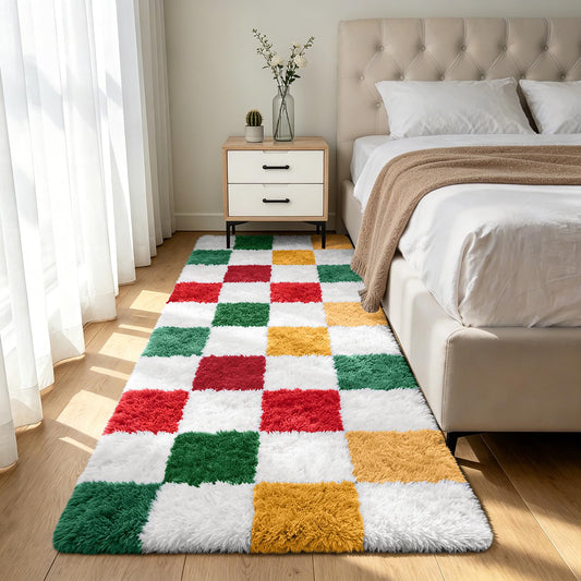 Shag Runner Rug for Bedroom Living Room 2x6 Upgrade Non-Slip Fluffy Soft Bedside Rugs,Checked Shaggy Carpet for Livingroom Dorm Home Decor Aesthetic