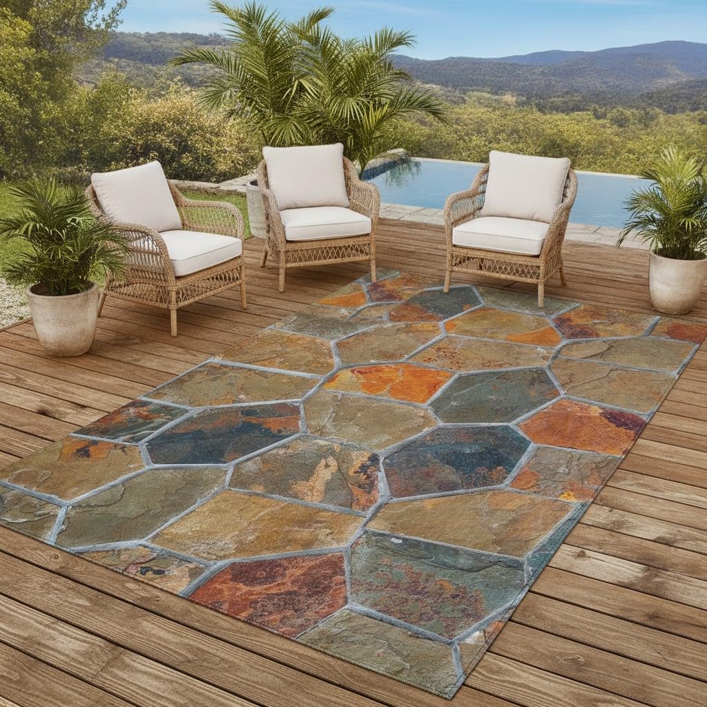Vexyora Natural Rustic Stone Outdoor Area Rug 2x3 Brown Grey Orange Farmhouse Style Non Slip Thin Waterproof Art Deco Low Pile Floor Mats for Patio Deck Pool Garden Balcony Backyard RV Outside Rugs