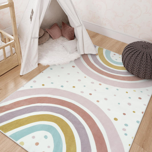STARUIA Washable Rainbow Rug for Girls Bedroom, 3x5 Boho Classroom Rug Small Polka Dot Area Rugs for Kids Room, Soft Kids Carpet Non-Slip Nursery Rugs for Playroom Tent Baby Dorm