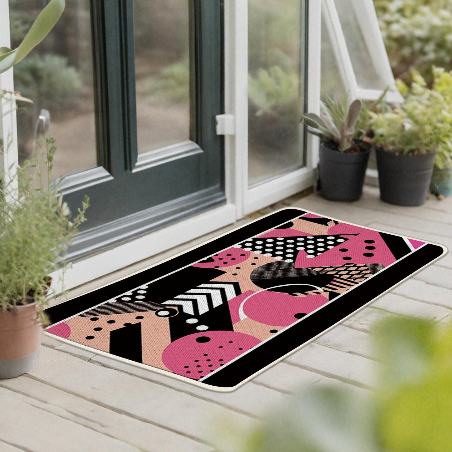 Livcoz Memphis Style Kitchen Rugs Set of 2, Pink Black Geometric Modern Art Floor Mats Home Decor, Vibrant Fashion Artistic Door Mat Decorations - 17x29 and 17x47 Inches