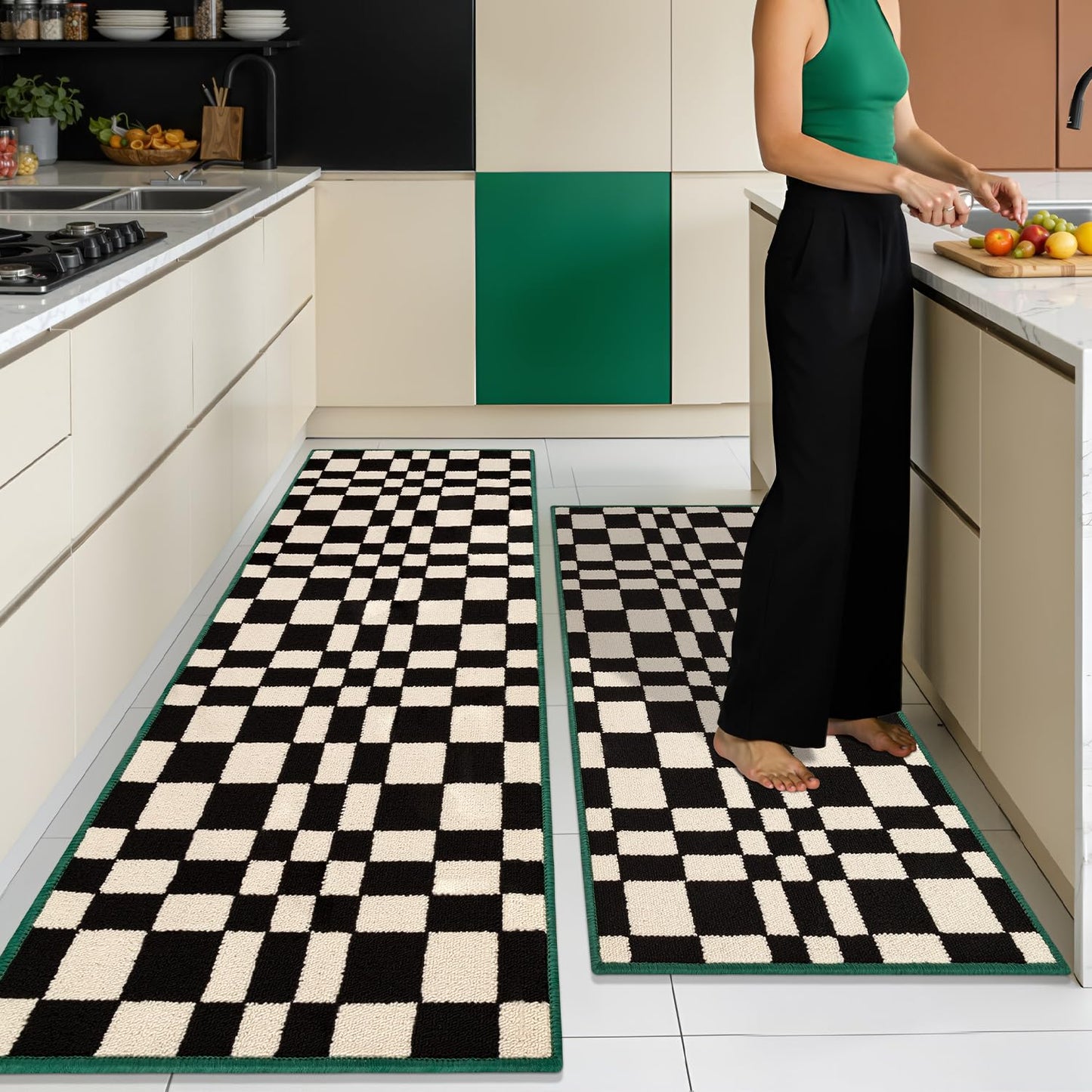 hicorfe Checkered Grid Checkerboard Kitchen Rugs,Set of 2 Non Slip Kitchen Mats for Floor,Washable Kitchen Runner Rugs Carpets for Hallways Entryway Laundry Room(20"x48"+21"x59",Black)