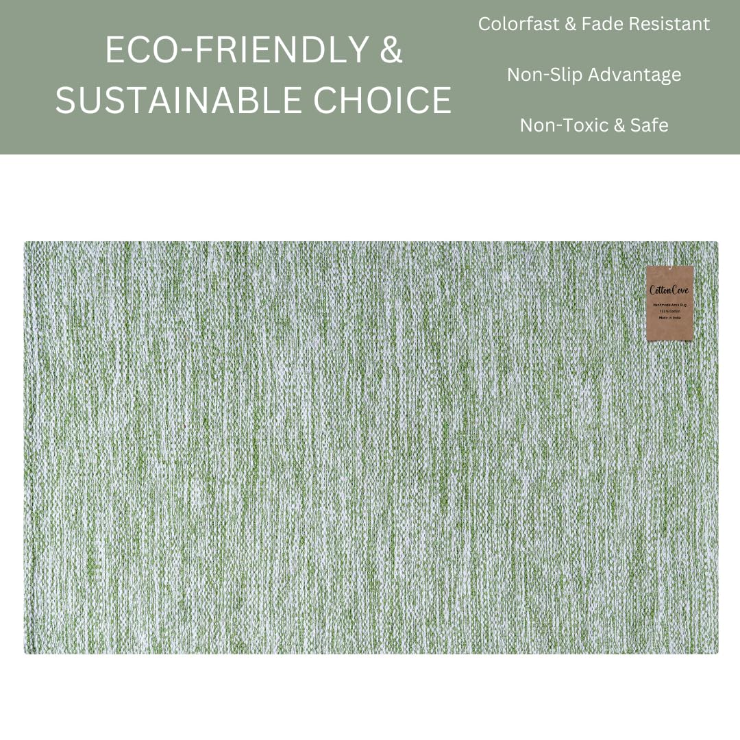 CottonCove Hand Woven Area Rug 4x6 Feet - Rustic Farmhouse Bohemian Accent Rug for Living Room Bedroom Kitchen Entryway Floor Mats - Ideal for High Traffic Areas 100% Cotton Rag Rug Green