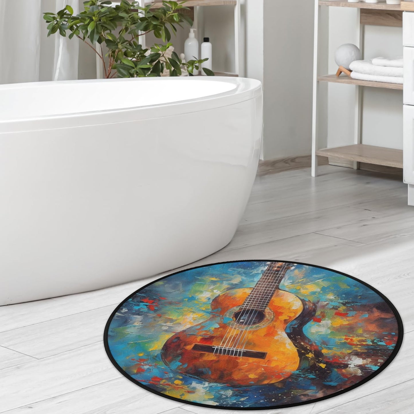 OMFUNS Music Guitar Round Area Rug Bedroom 3 Ft, Oil Painting Circle Floor Mat Non-Slip Washable Accent Throw Rugs Carpet for Living Room Kids Room Nursery Entryway Laundry