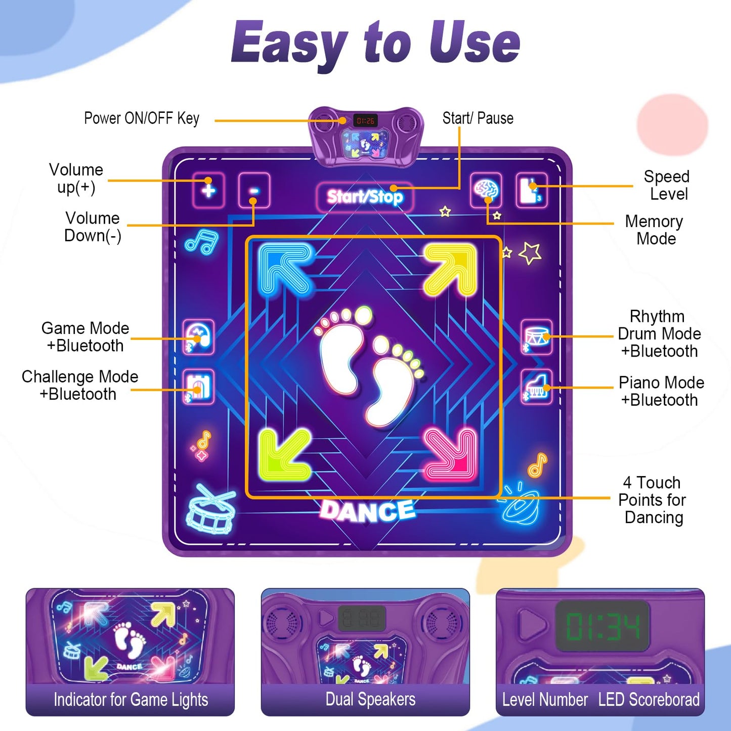 KAKTIN Dance Mat Toys for Kids, Dance Mats with LED Light & Wireless Bluetooth, Music Dance Toy with 5 Modes Game 3 Speeds, Birthday Xmas Gifts for 3-12 Year Old Girls Boys