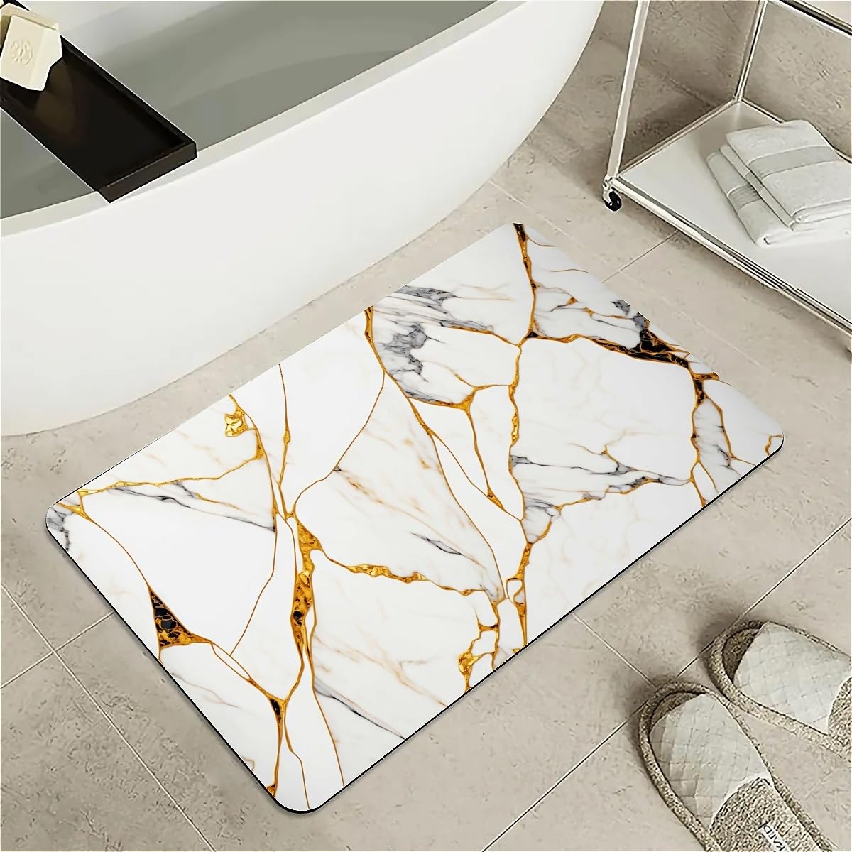 ZHUZHISHAN Bath Mat Rug,White Marble with Golden Non Slip Quick Dry Super Absorbent Thin Bathroom Rugs Fit Under Door-Easy to Clean Bathroom Floor Mats-Shower Rug for Shower Sink Bathtub(16" x 24"in)