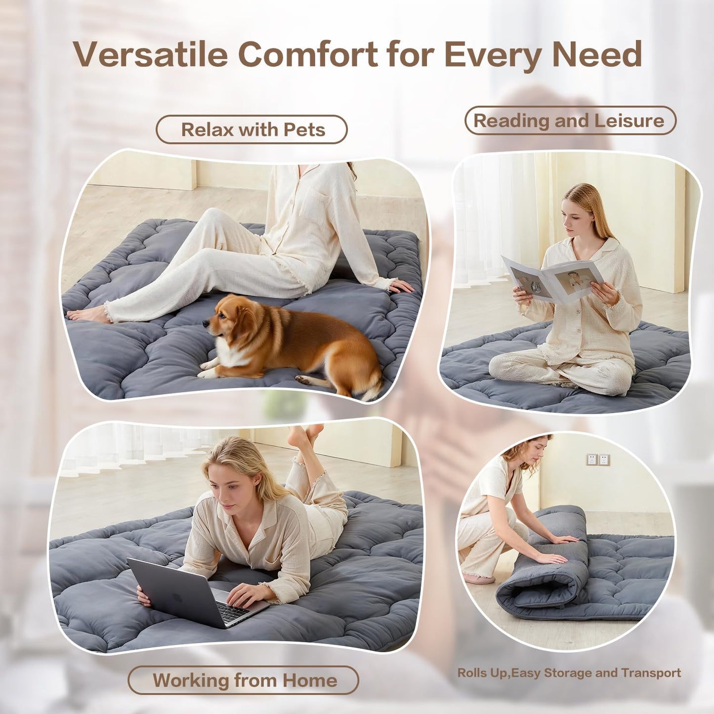 SAPHREAS Japanese Futon Mattress Floor Mattress Full, Foldable Roll Up Bed Mattress Topper with Elastic Straps, Tatami Mat Sleeping Pad for Camping, Grey