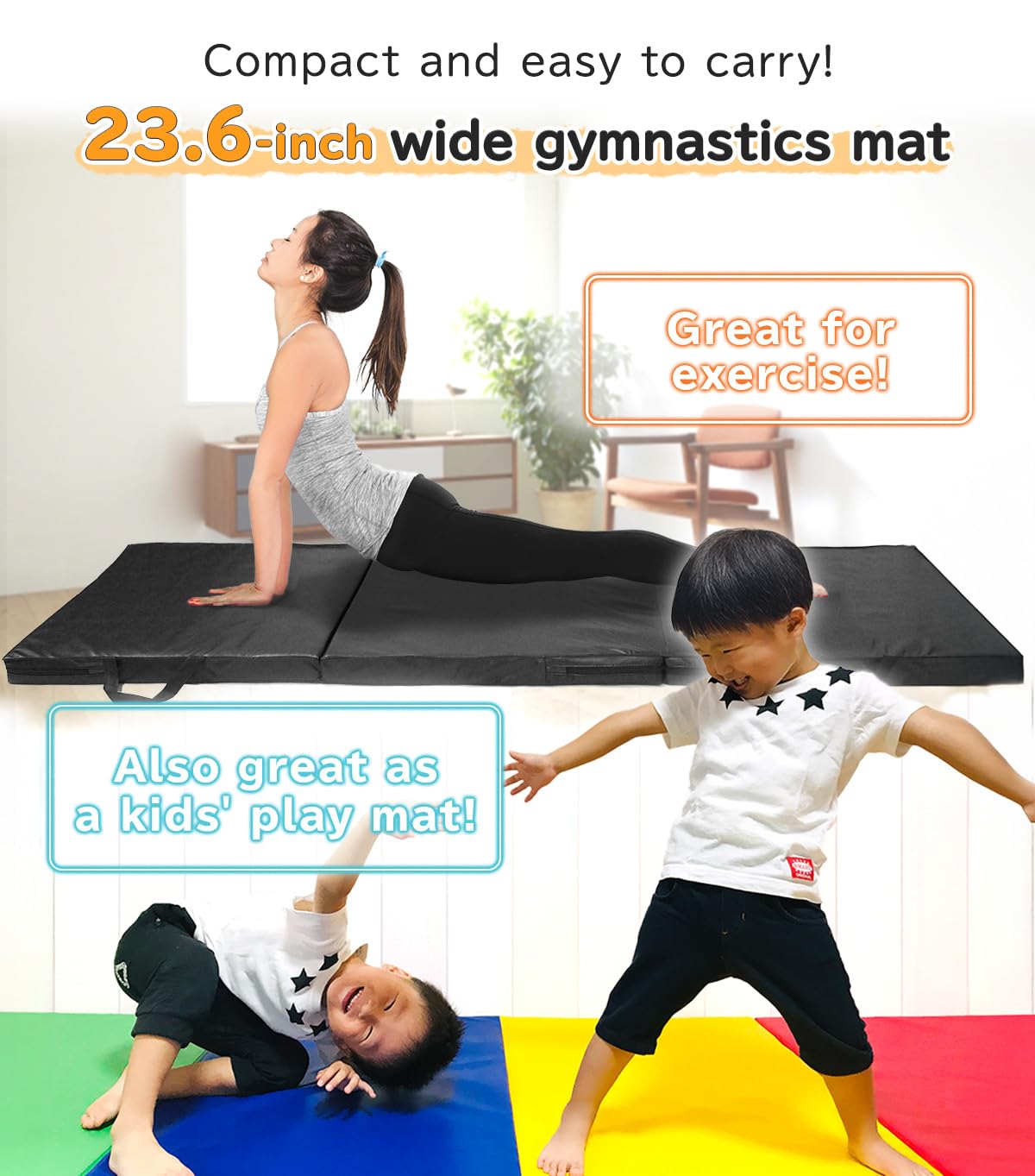 KaRaDaStyle Gymnastics Mat Folding Stretch Mats 71"x24"x2" Exercise Muscle Training Children Play Horizontal Bar Mat Yoga Sports Soundproof Home Use (Yellow)