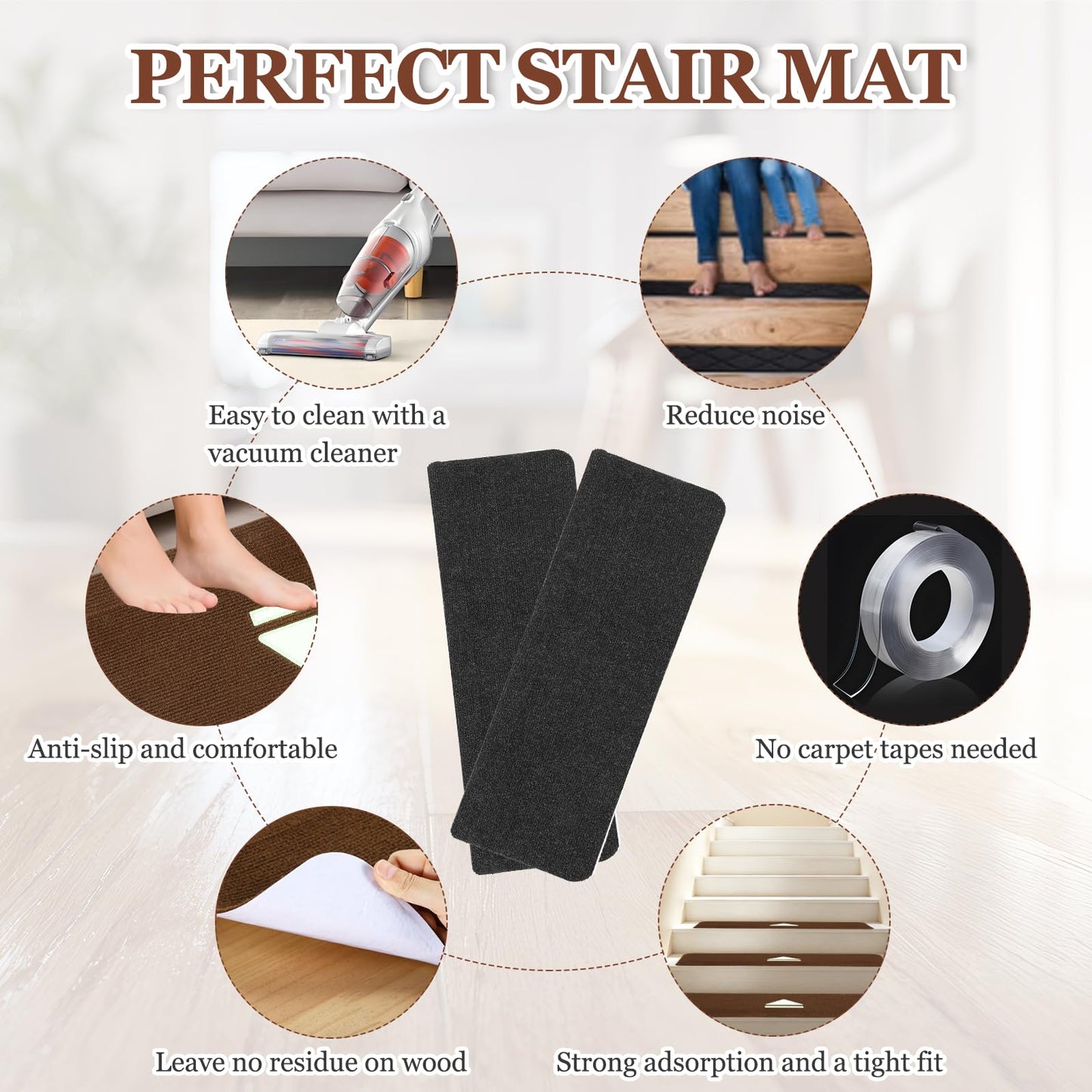 PATIKIL 4 Pack Household Stair Mats, 27.6 x 8.6 Carpet Stair Treads Cuttable Indoor Non-Slip Mat Self-Adhesive Floor Mats for Elders and Pets, Black