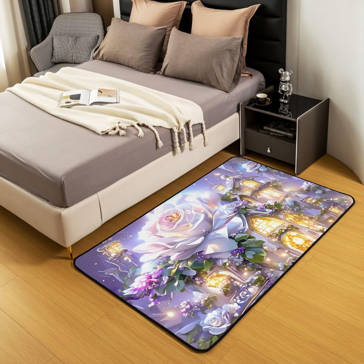 Rose Flower Area Rug 3'x5',Green House Non Slip Carpet for Kids Boys Girls Adults,Castle Princess Floor Mats,Purple White Rug for Living Room Bedroom Playroom Backyard